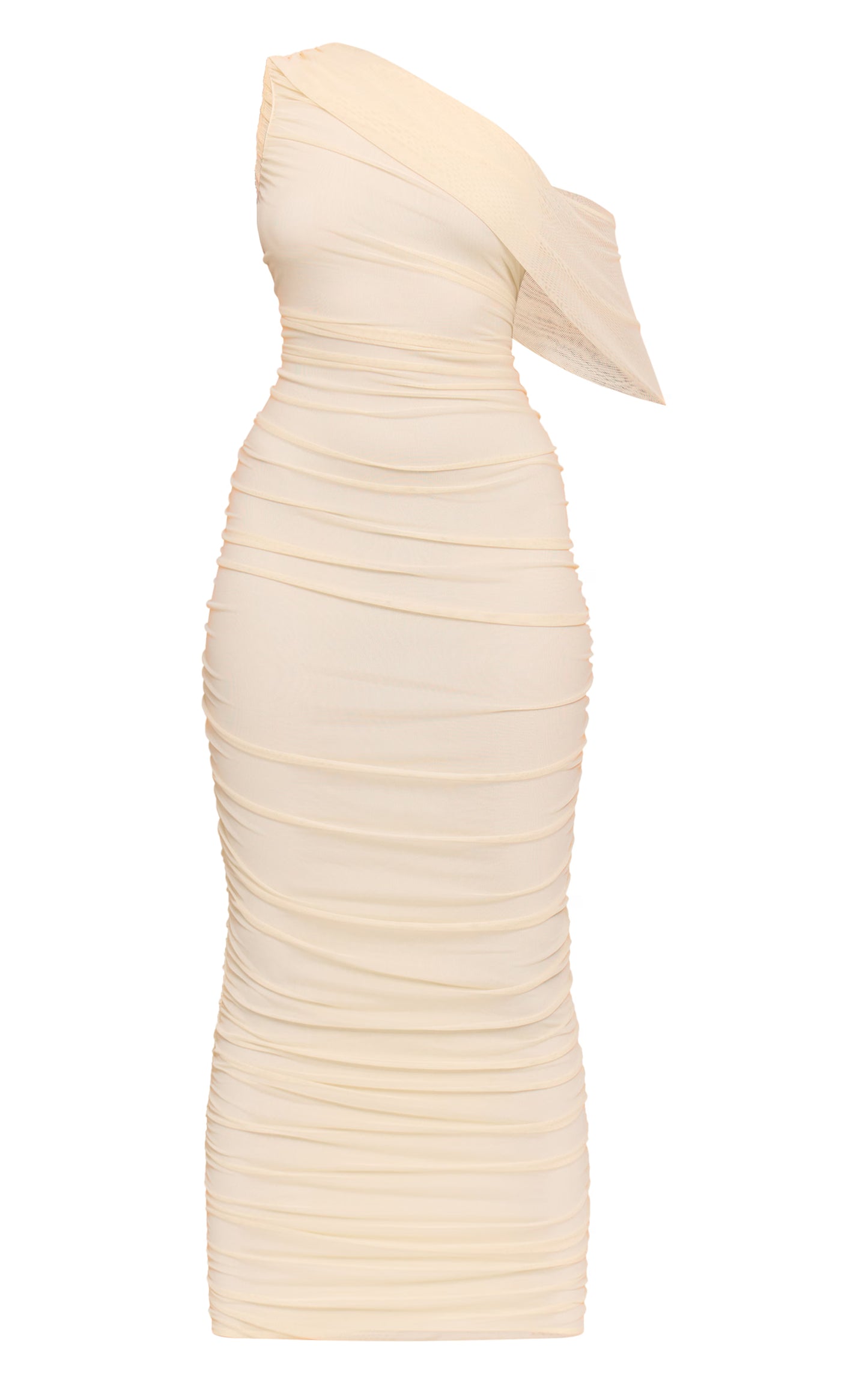 Almond Mesh Overlay One Shoulder Ruched Maxi Dress