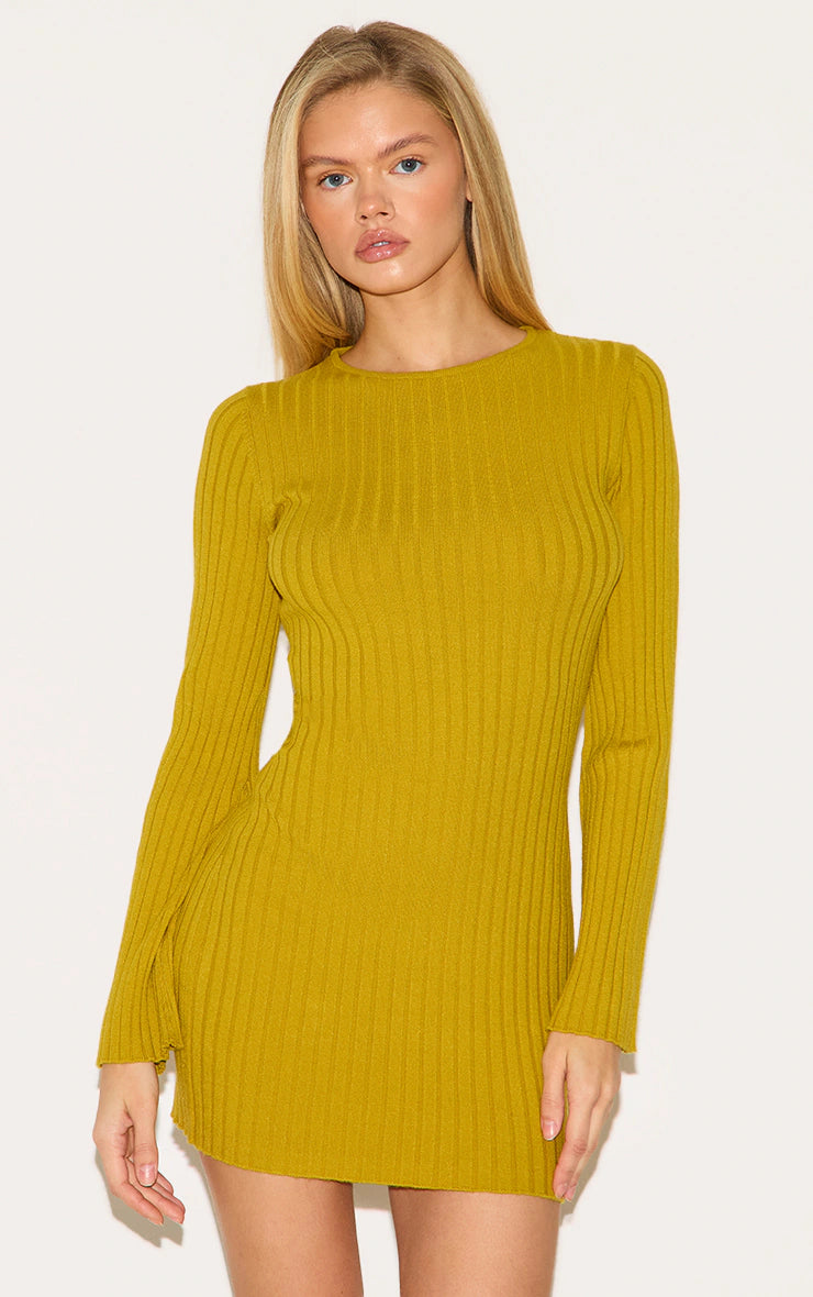 Olive Ribbed Knit Mini Dress