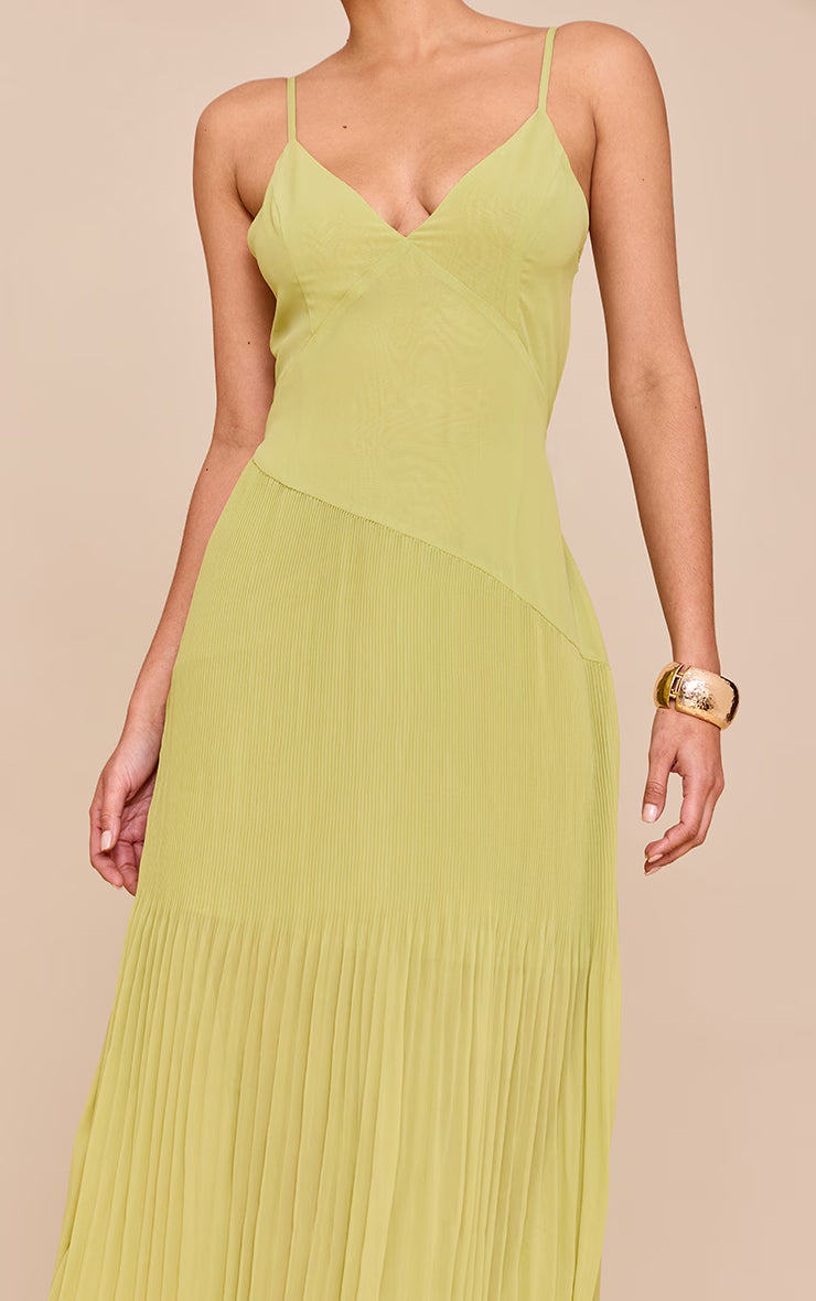 Lime Woven Pleated Hem Detail Spaghetti Maxi Dress