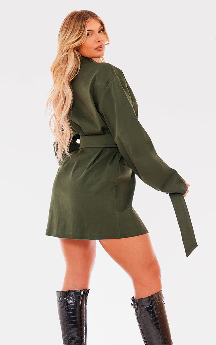 Khaki Woven Button Belted Blazer Dress