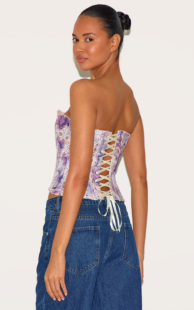 Purple Textured Sheer Floral Lace Corset