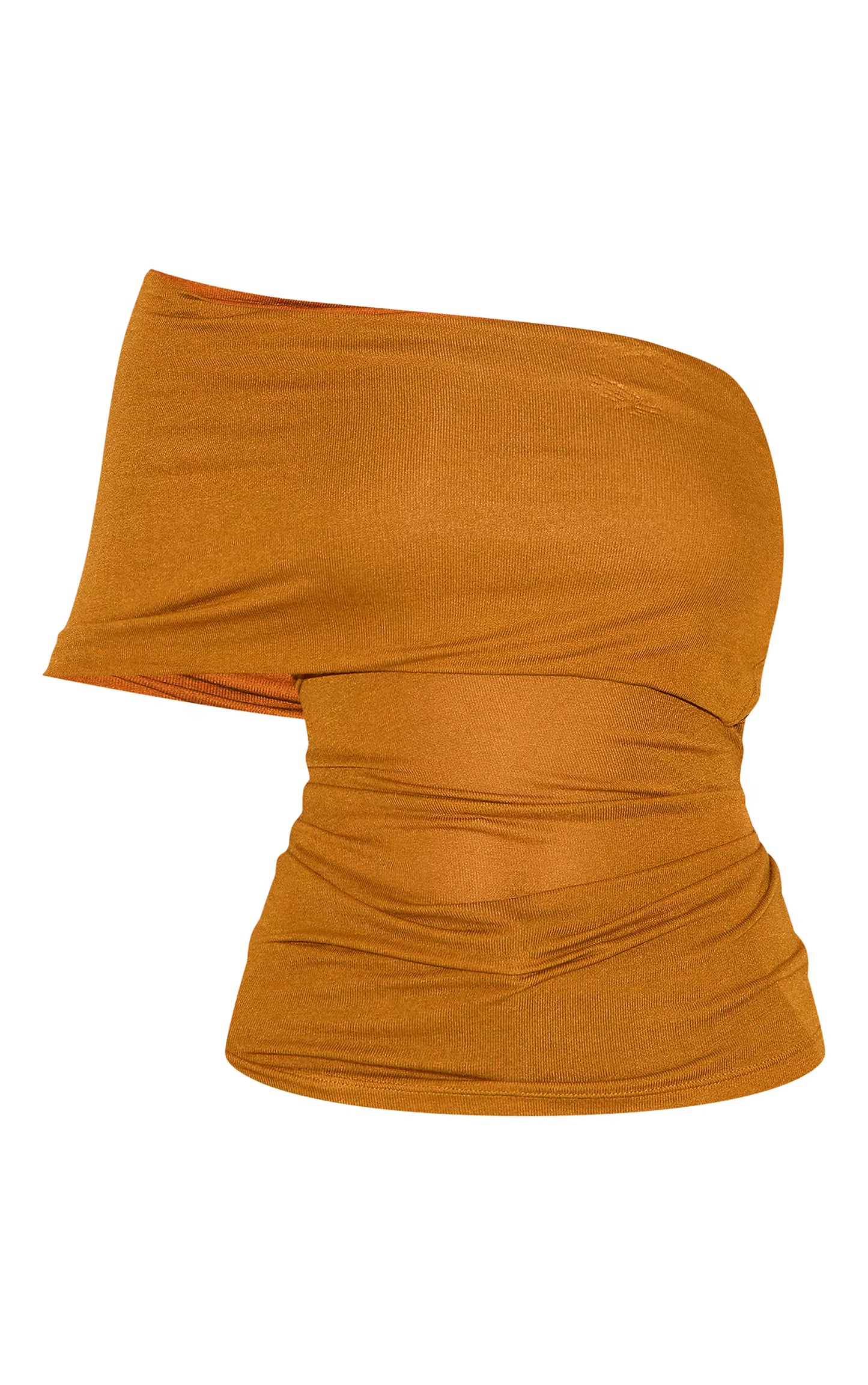 Tan Sheer Soft Touch Fold Over Detail One Shoulder Long Top