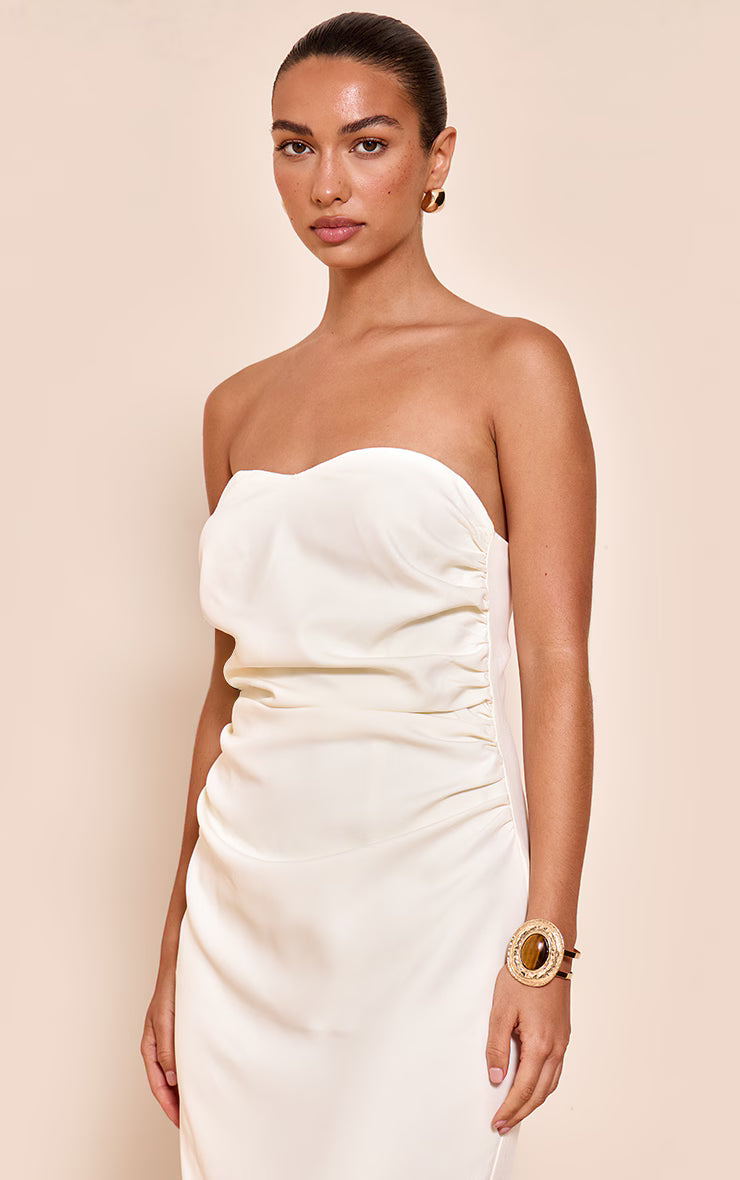 White Woven Tailored Bandeau Ruched Midaxi Dress