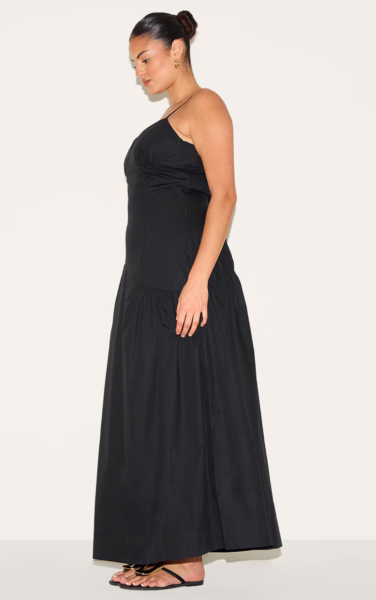 Plus Black Plunge Asymmetric Detail Midaxi Dress