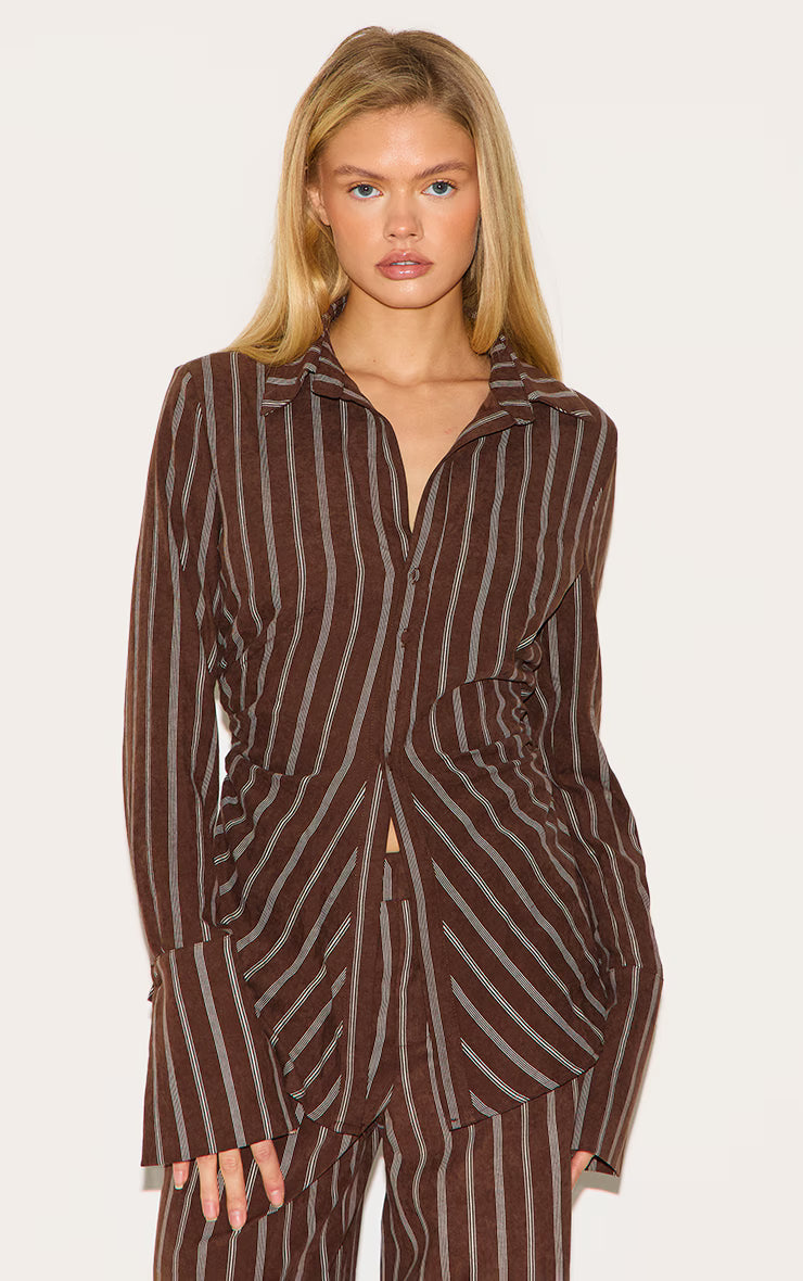 Brown Striped Asymmetric Cinched Deep Cuff Shirt