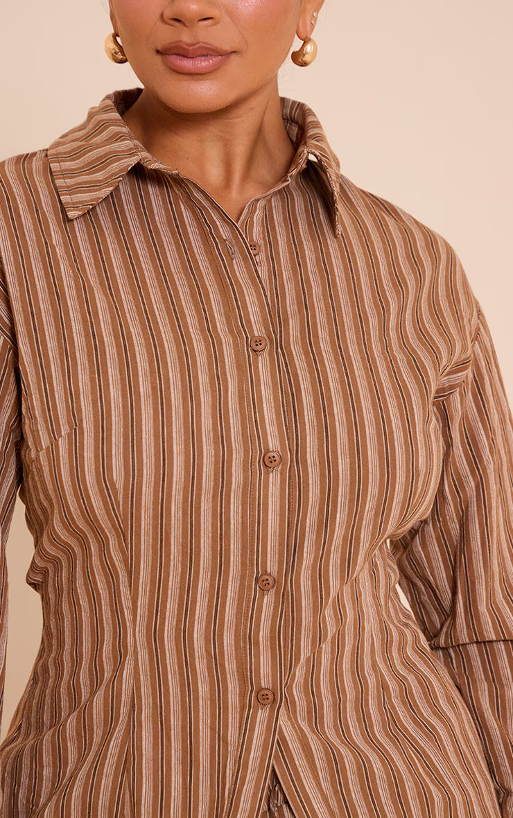 Shape BROWN Striped Lace Up Cinched Back Button Front Shirt