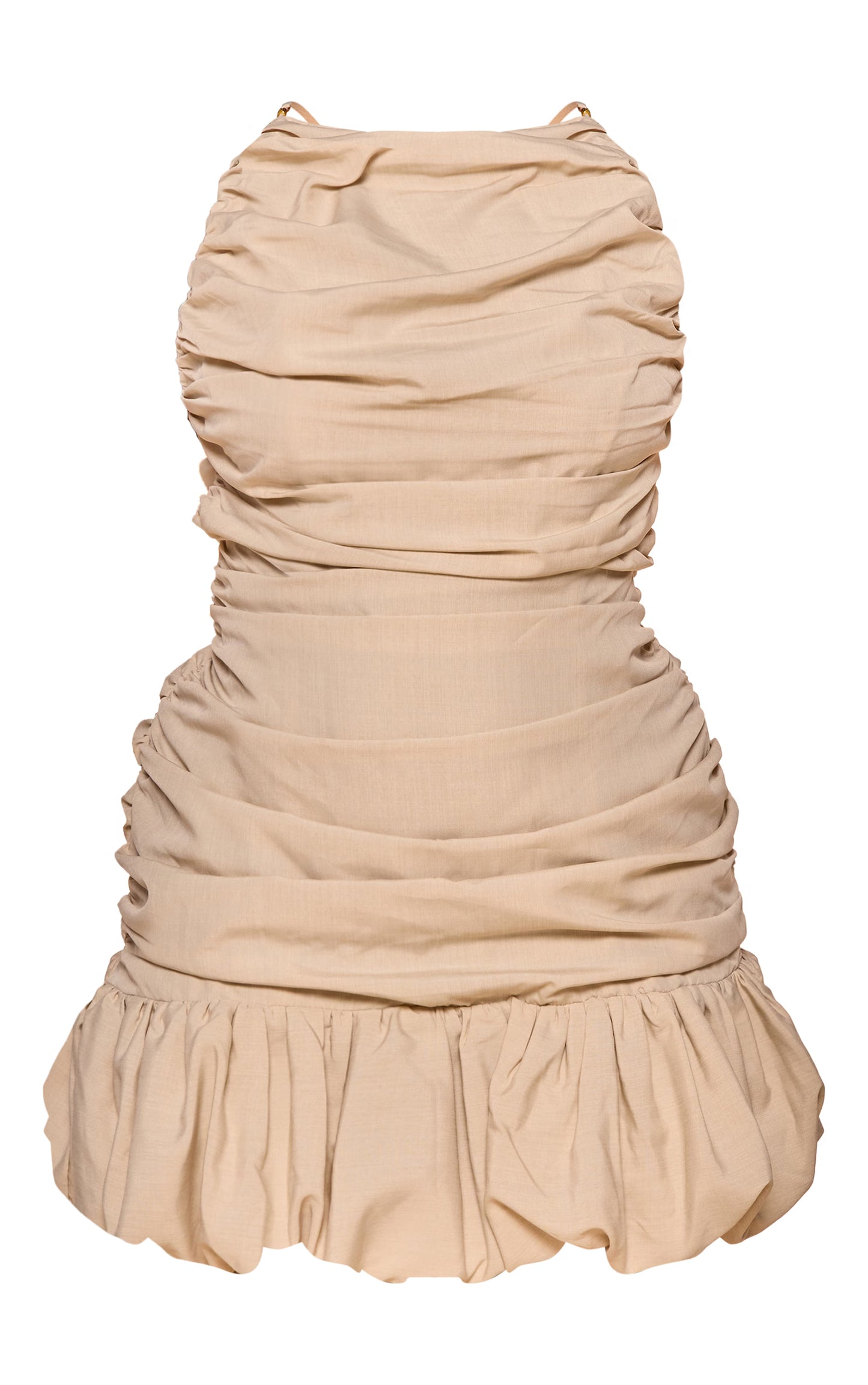 PLT Label Plus Off White Ruched Puff Hem Strappy Bodycon Dress