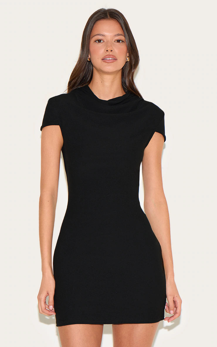 Black Soft Touch High Neck Cowl Bodycon Dress