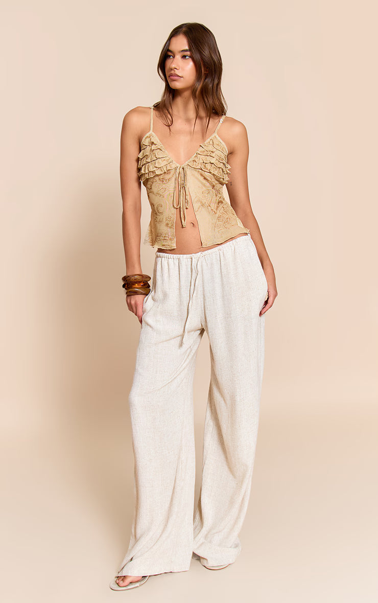 Stone Paisley Printed Mesh Ruffle Bust Tie Front Top