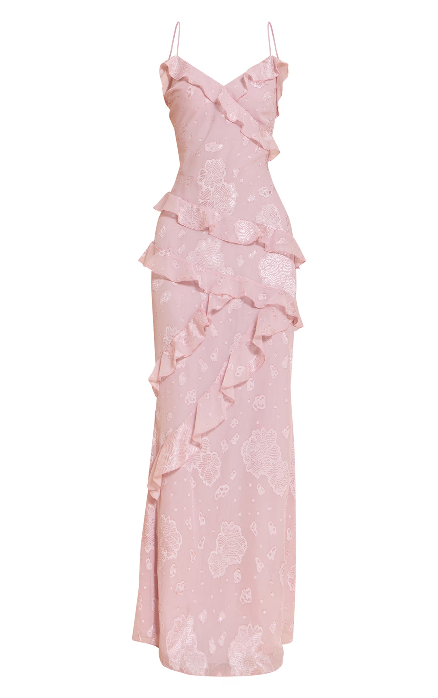 Light Pink Floral Embroidered Frill Maxi Dress