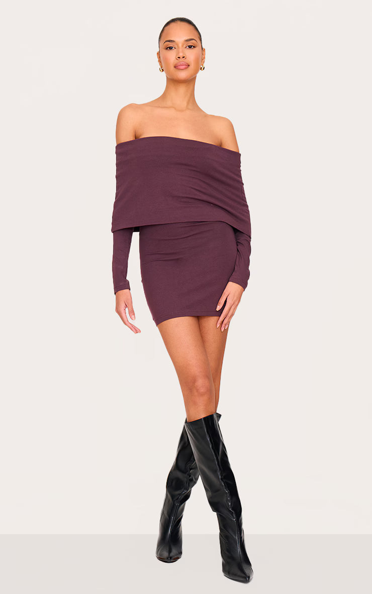 Plum Cotton Super Oversized Bardot Mini Dress