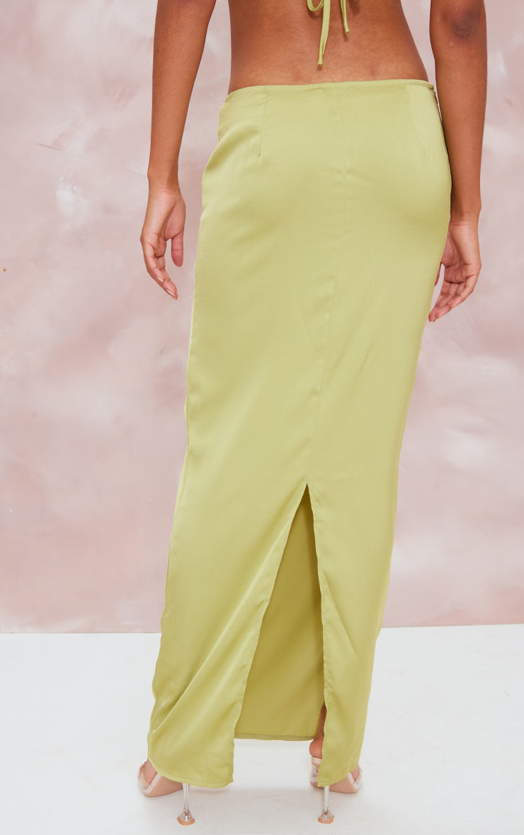 Chartreuse Satin Mid Rise Maxi Skirt