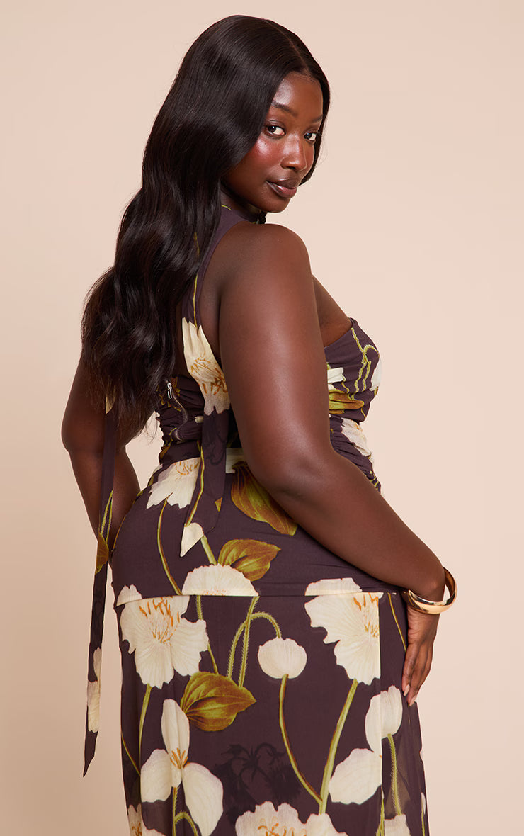 Plus Dark Chocolate Floral Printed Chiffon Scarf Detail Ruched Bandeau Top