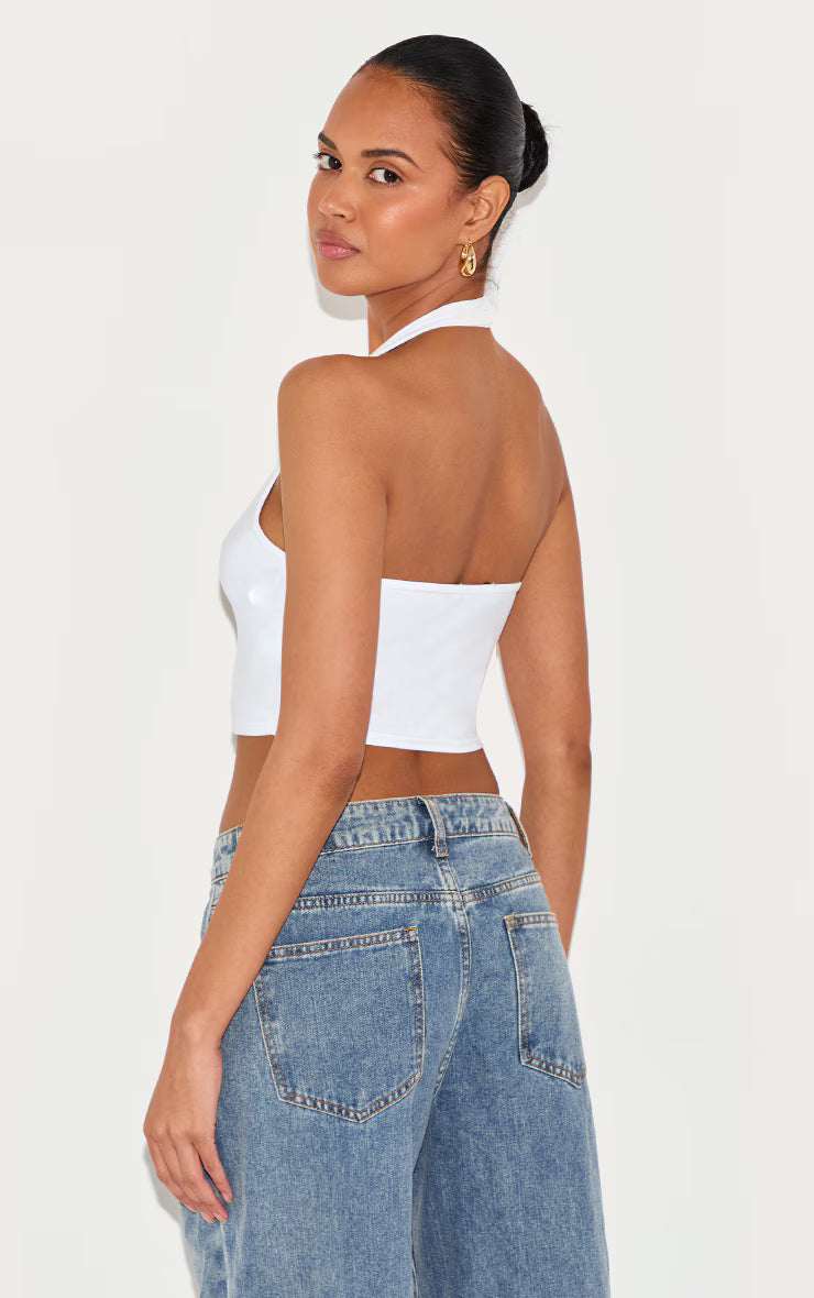 Basic White Slinky Scoop Neck Halter Top