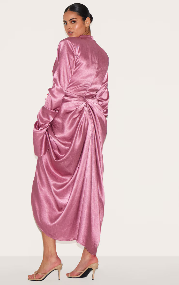 Plus Deep Rose High Neck Ruching Detail Satin Midi Dress