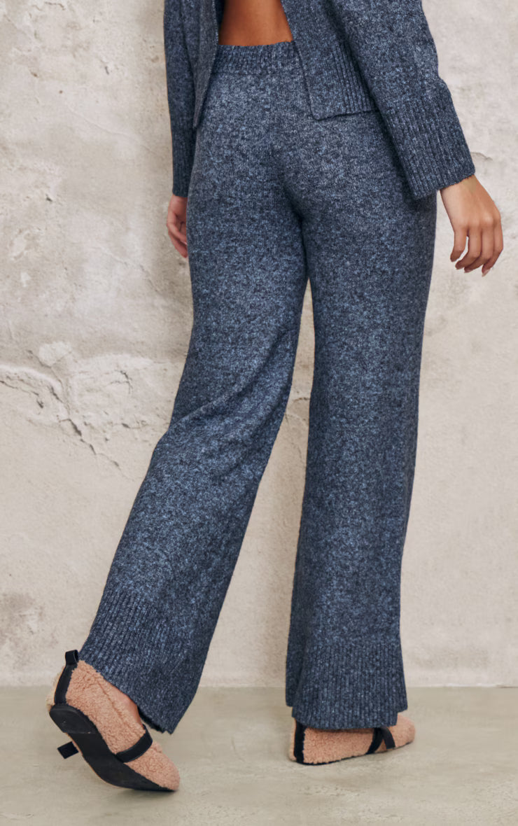 Charcoal Blue Luxe Knit Wide Leg Pants