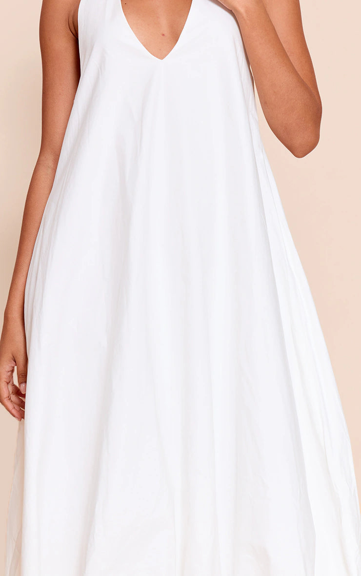 White Cotton Poplin Plunge Sleeveless Maxi Dress