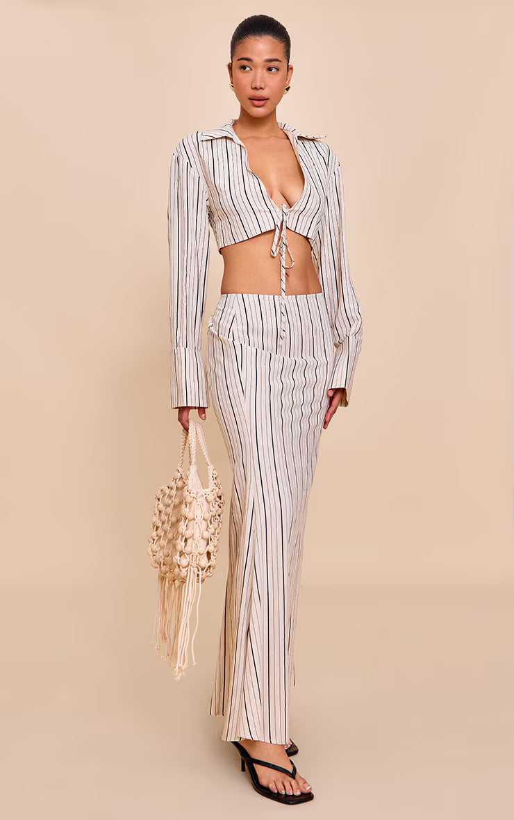 Sand Striped Linen-Blend Tie Front Cropped Shirt