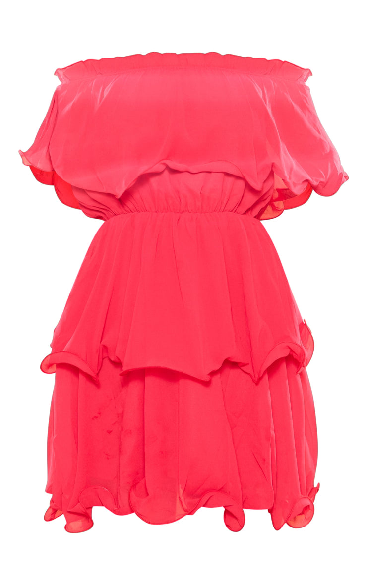 Red Chiffon Bardot Ruffle Tiered Dress
