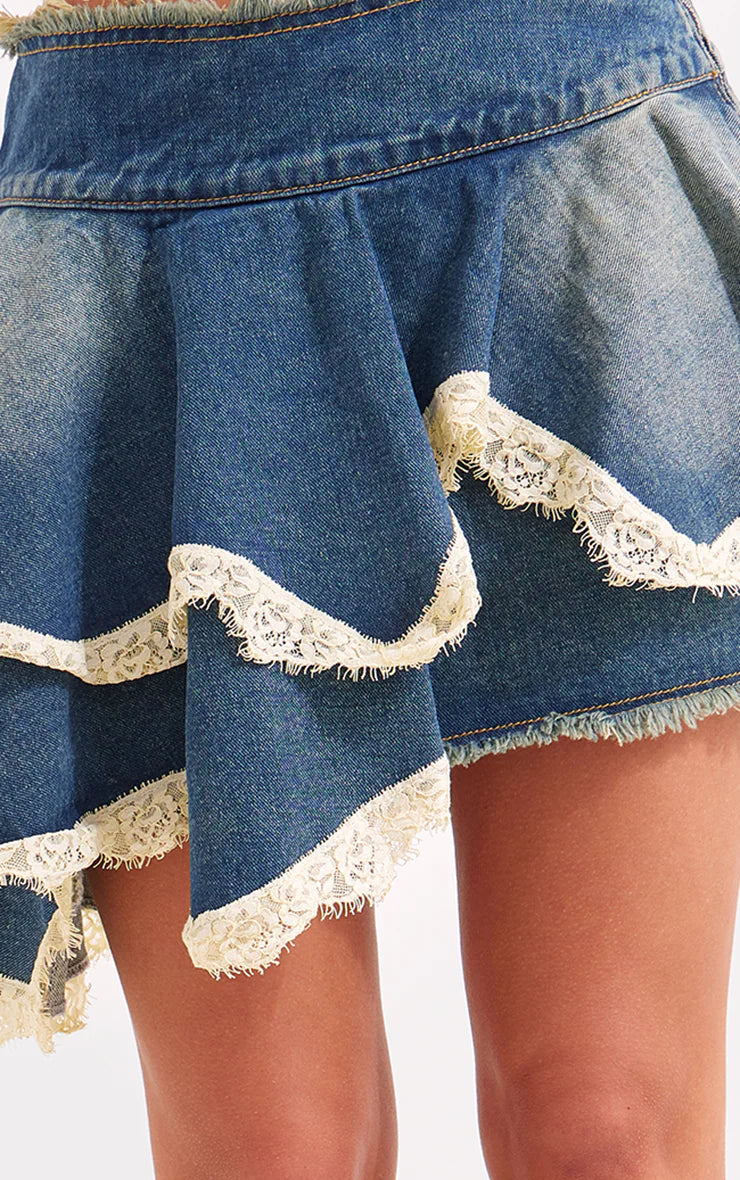 Mid Blue Wash Lace Trim Freyed Edge Denim Skater Skirt