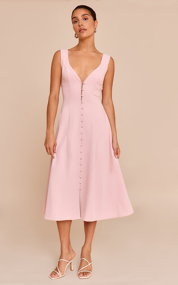 Petite Pale Rose Plunge Button Up Midi Dress