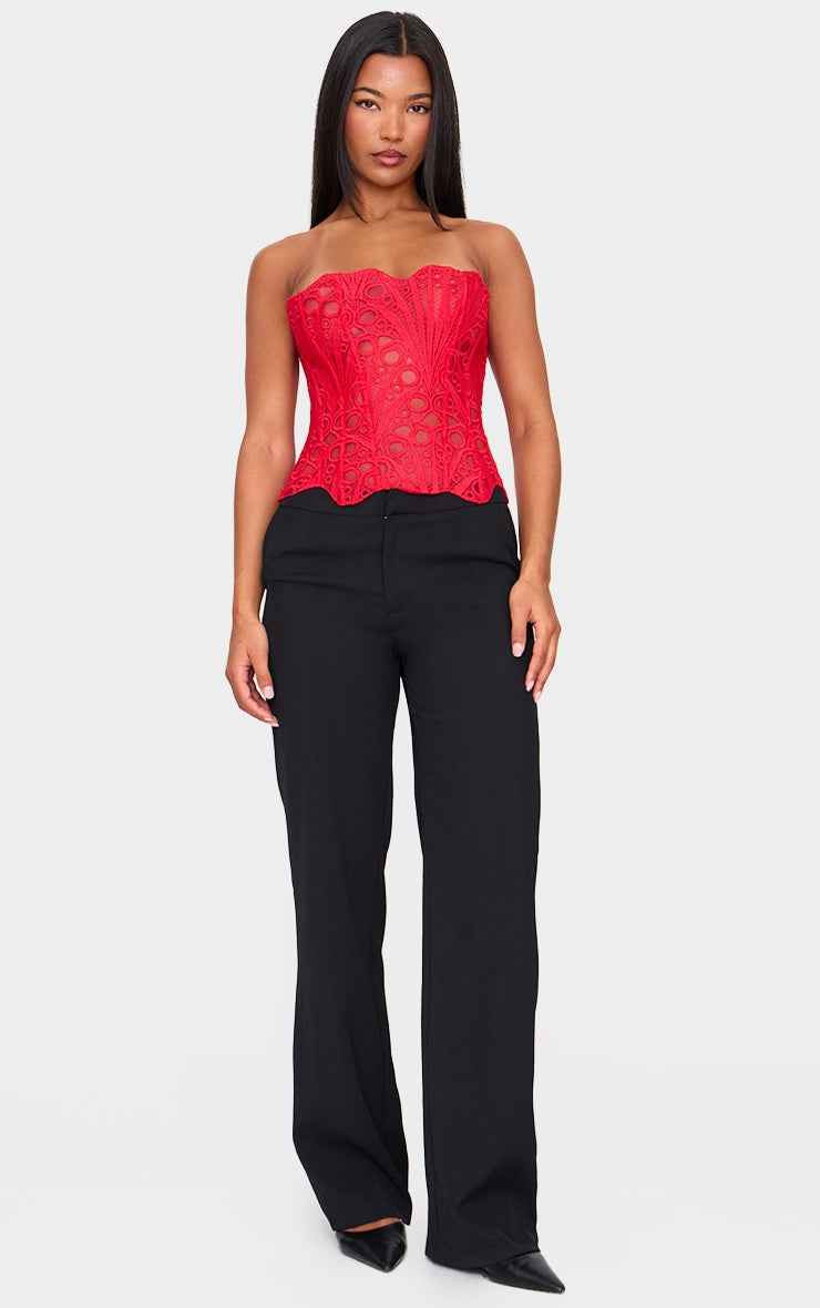 Red Textured Sheer Floral Lace Corset