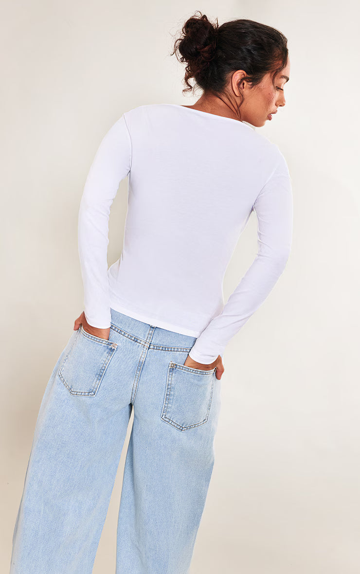 White Cotton Scoop Neck Fitted Long Sleeve Top