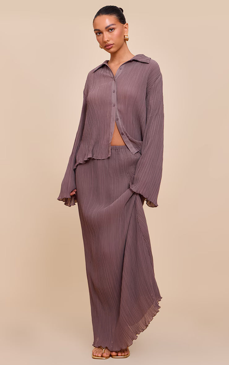Mushroom Chiffon Plisse Sheer Shirt