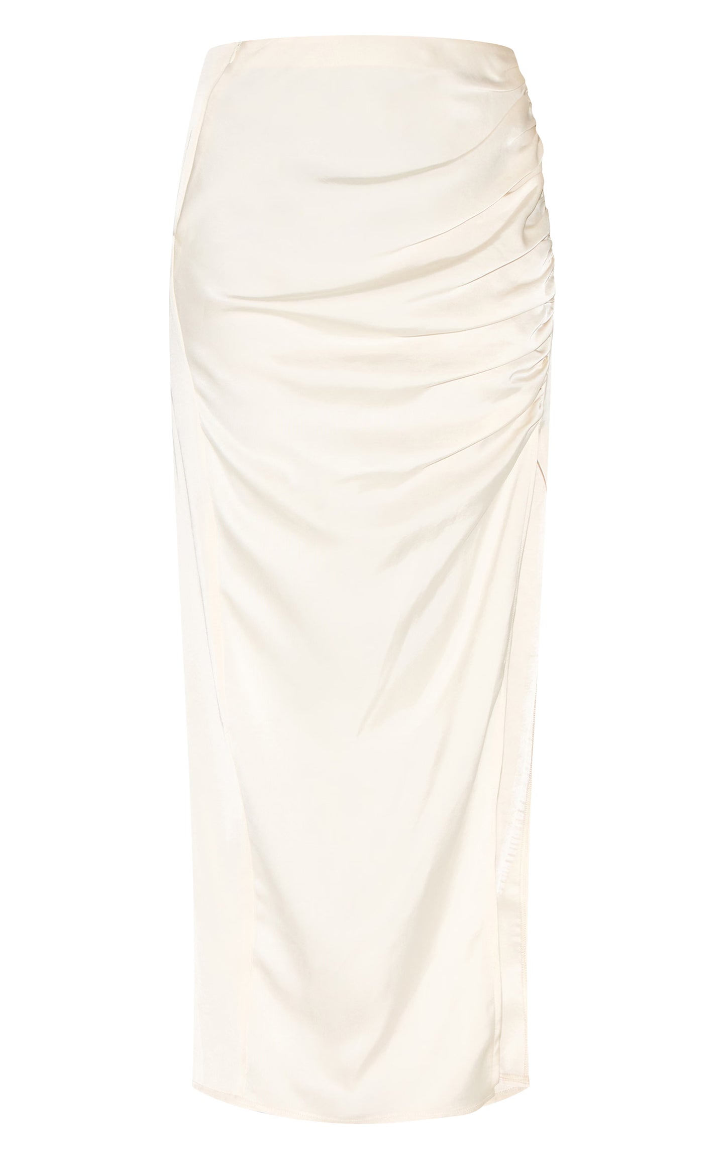 Cream Ruched Satin Split Detail Maxi Skirt