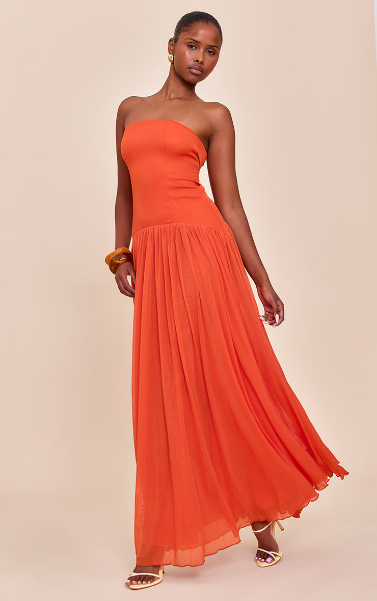 Orange Bandeau Chiffon Pleated Maxi Dress