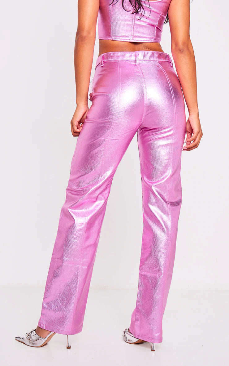 Pink Metallic Denim Stitch Detail Straight Leg Jeans