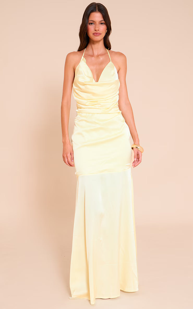 Lemon Satin Asymetric Drape Maxi Dress