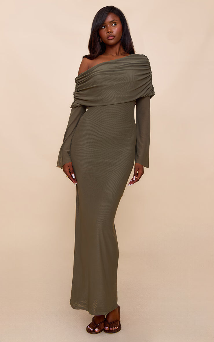 Olive Lined Mesh Long Sleeve Maxi Dress
