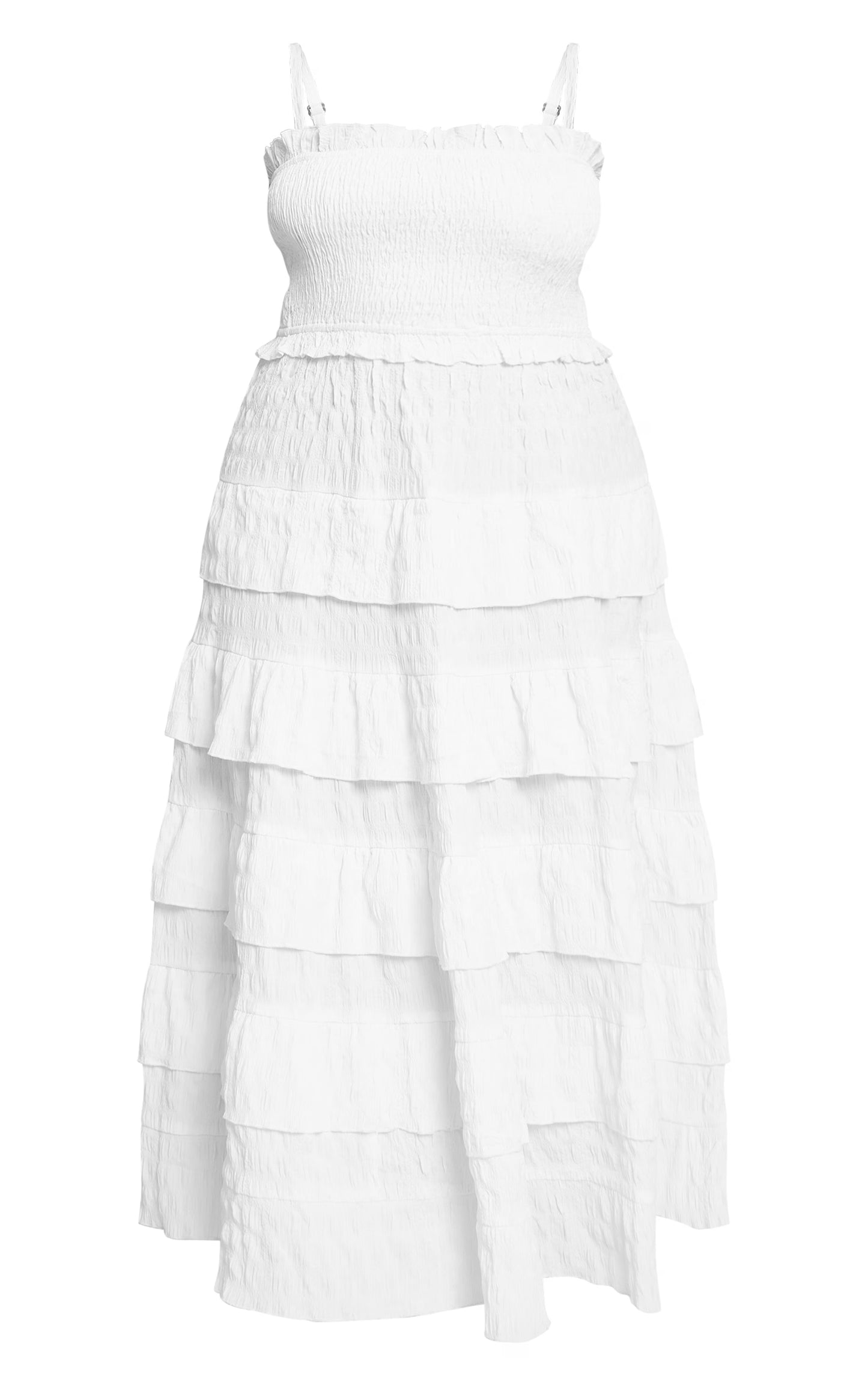 Plus White Textured Shirred Tiered Maxi Dress