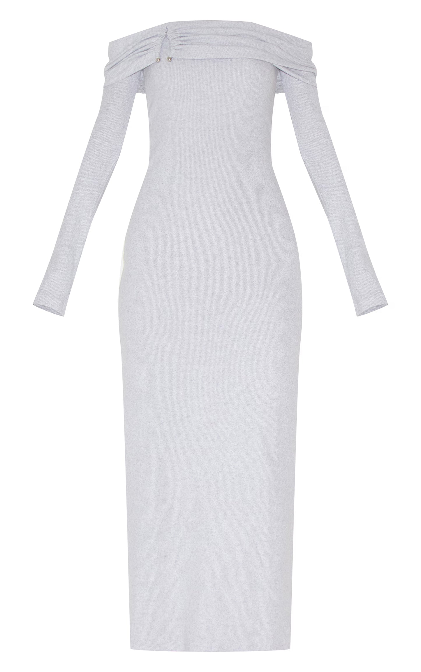 Ash Grey Heavy Brushed Rib Bardot Trim Maxi Dress