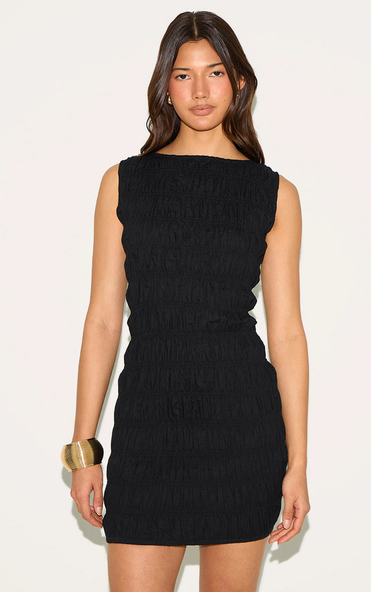 Black Boat Neck Shirred Bodycon Dress