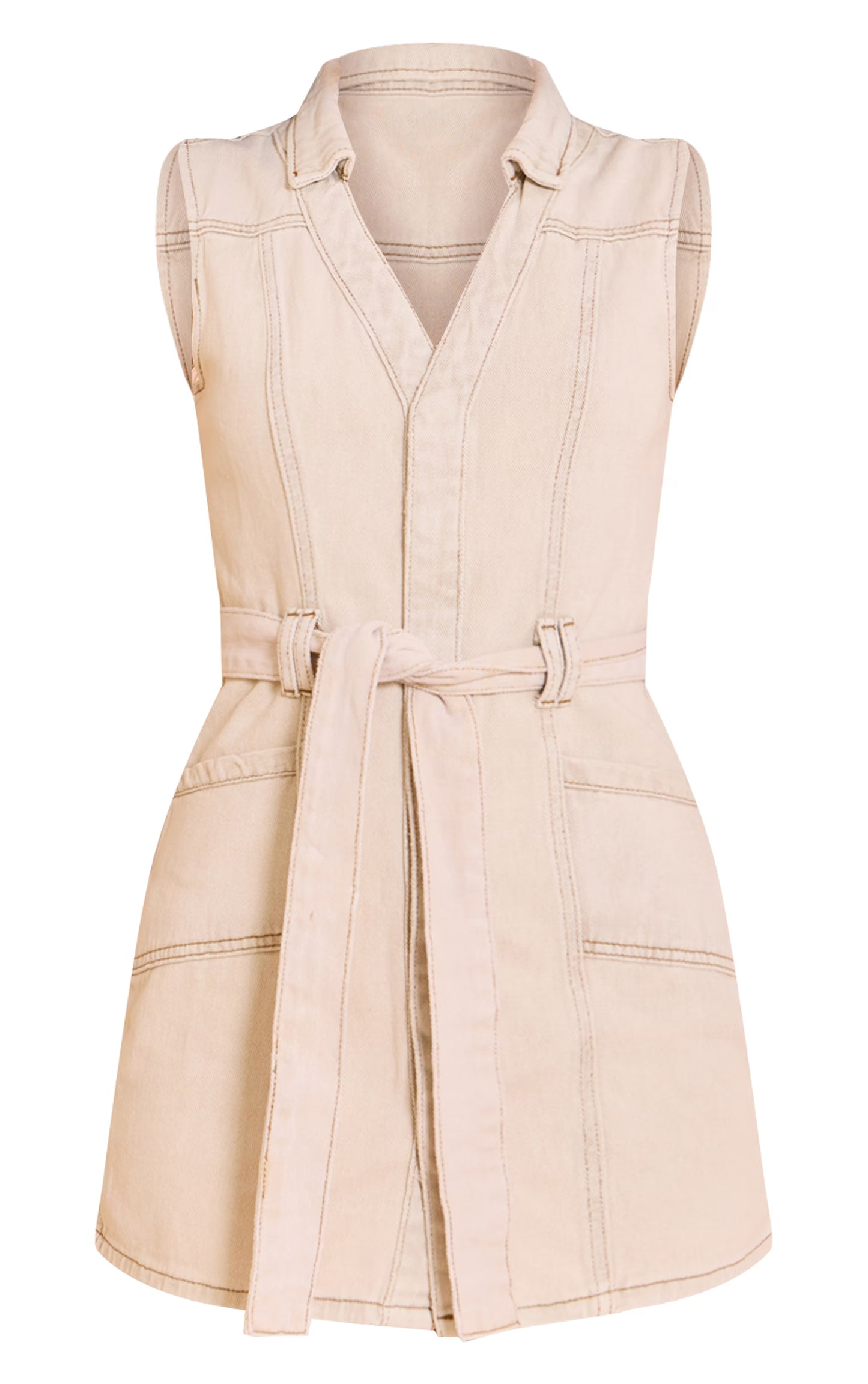 Stone Tie Waist Utility Style Denim Dress