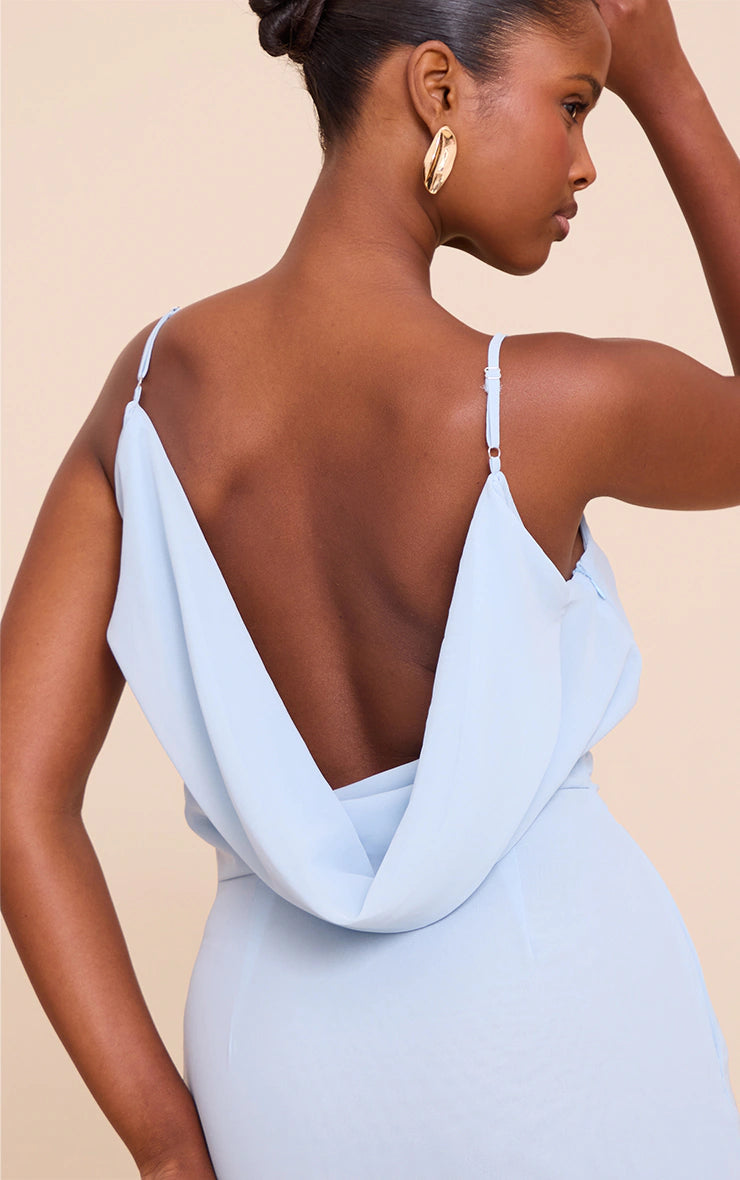 Pale Blue Chiffon Scoop Neck Cowl Back Sleeveless Maxi Dress