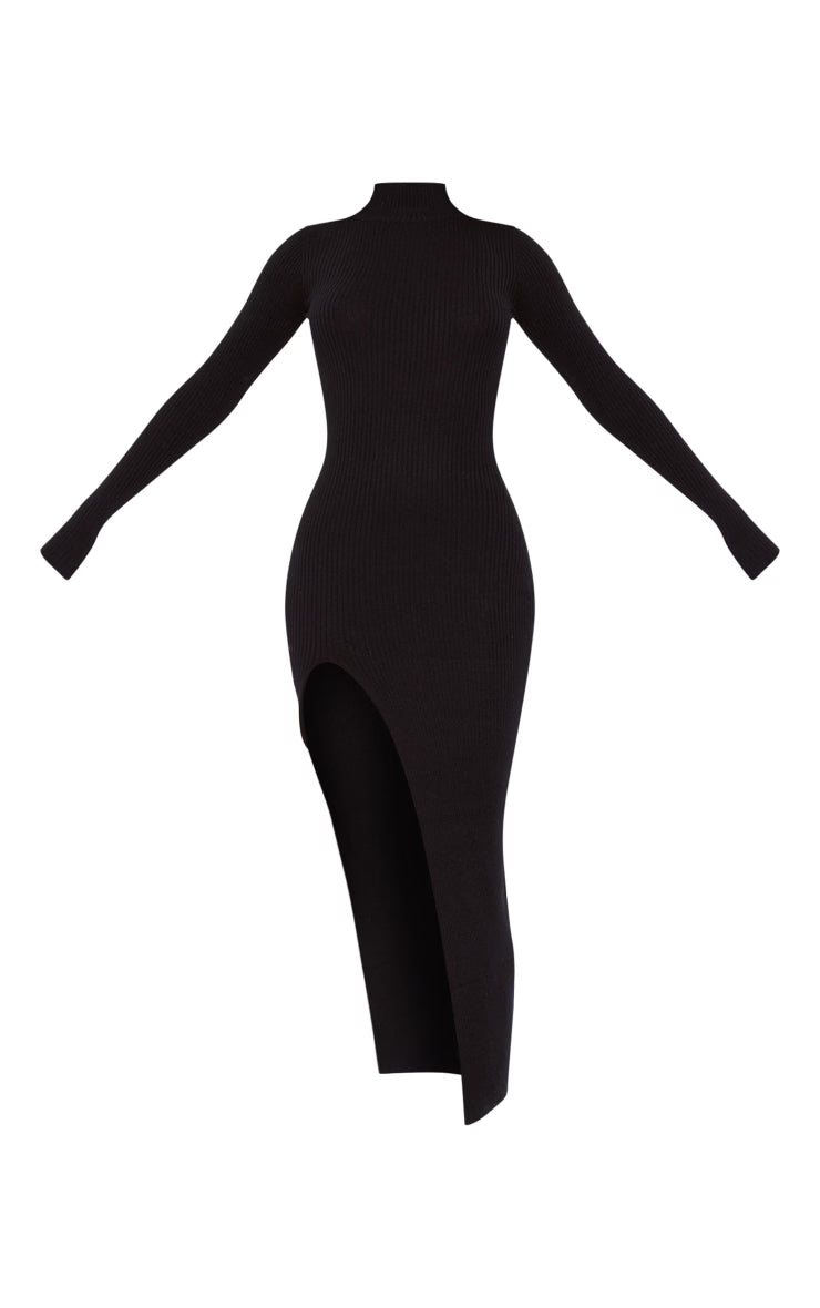 Tall Black Knitted Ribbed Side Split Maxi Dress