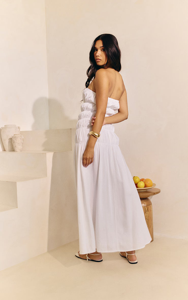 White Bandeau Ruched Detail Maxi Dress
