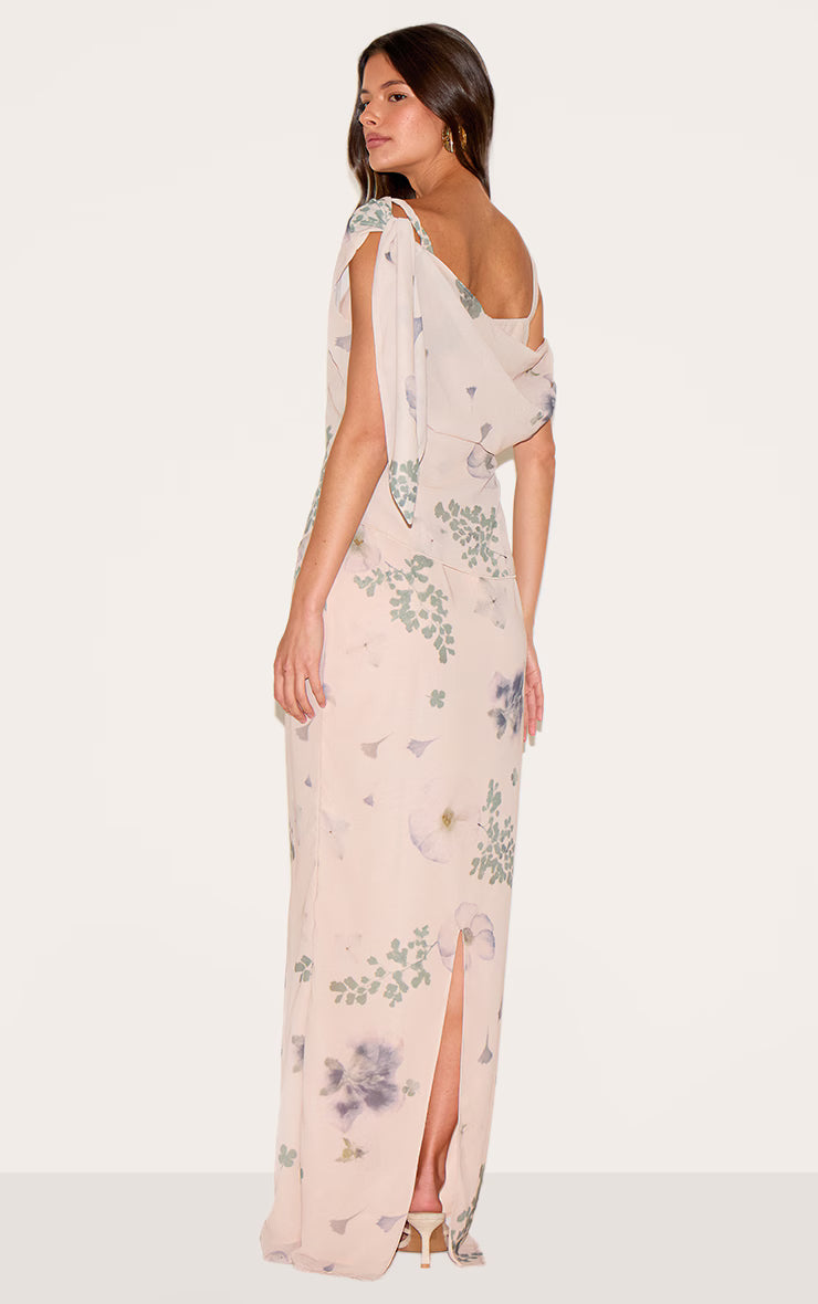 Sand Abstract Printed Chiffon Draped Maxi Dress