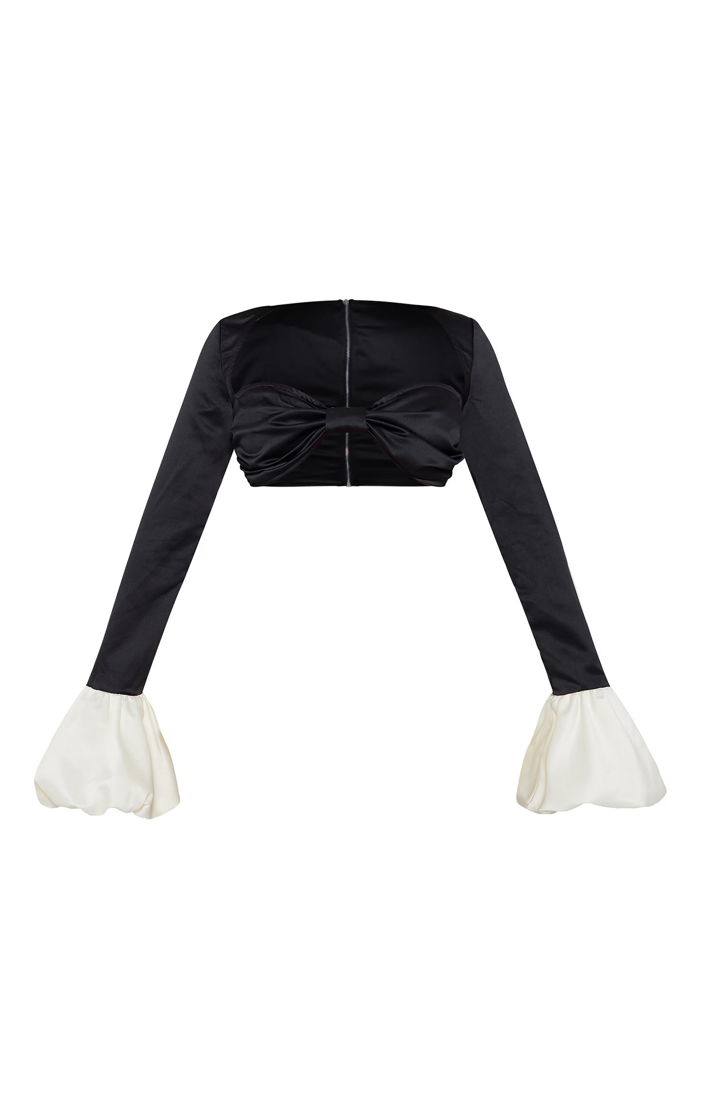 Black Satin Contrast Puff Long Sleeve Bralet