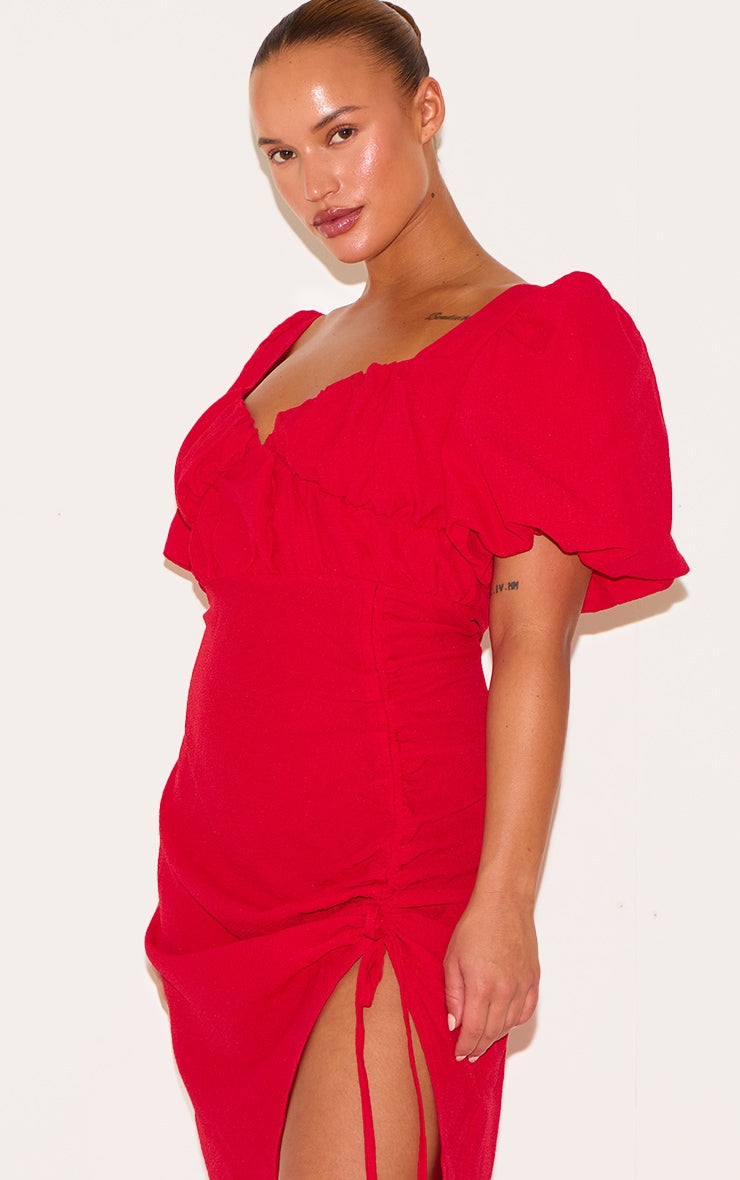 Plus Red Puff Sleeve Ruched Split Side Midi Dress