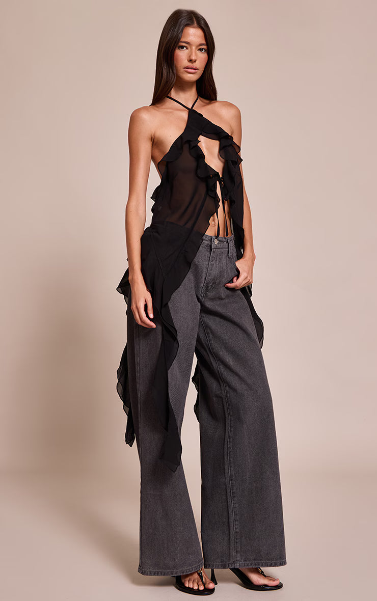Black Chiffon Ruffle Drape Detail Longline Top