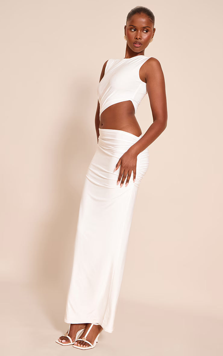 White Double Layer Slinky Cut Out Maxi Dress