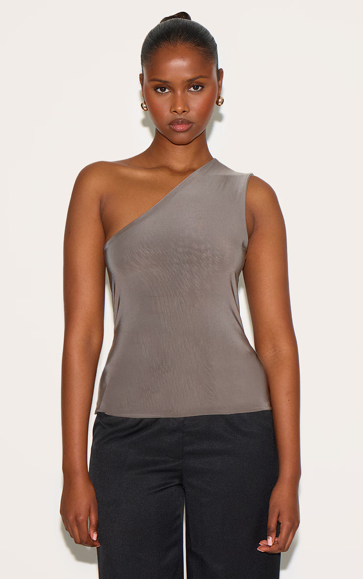 Mushroom Double Layer Slinky Back Detail One Shoulder Top