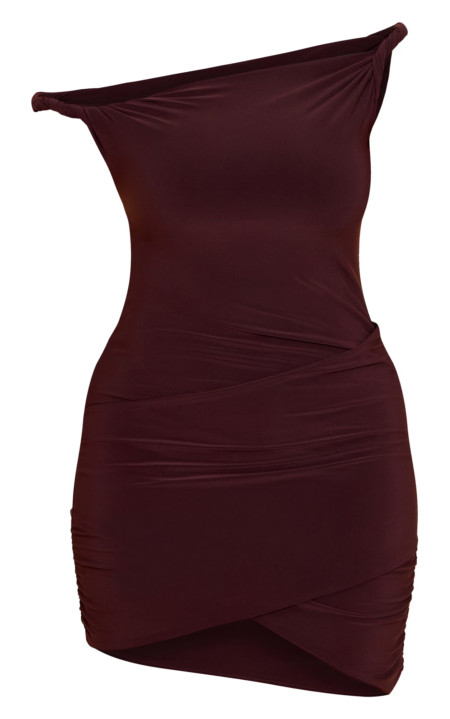 Shape Chocolate Off Shoulder Wrap Front Mini Dress