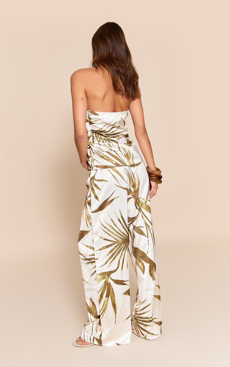 Green Leaf Print Satin Wide Leg Pants