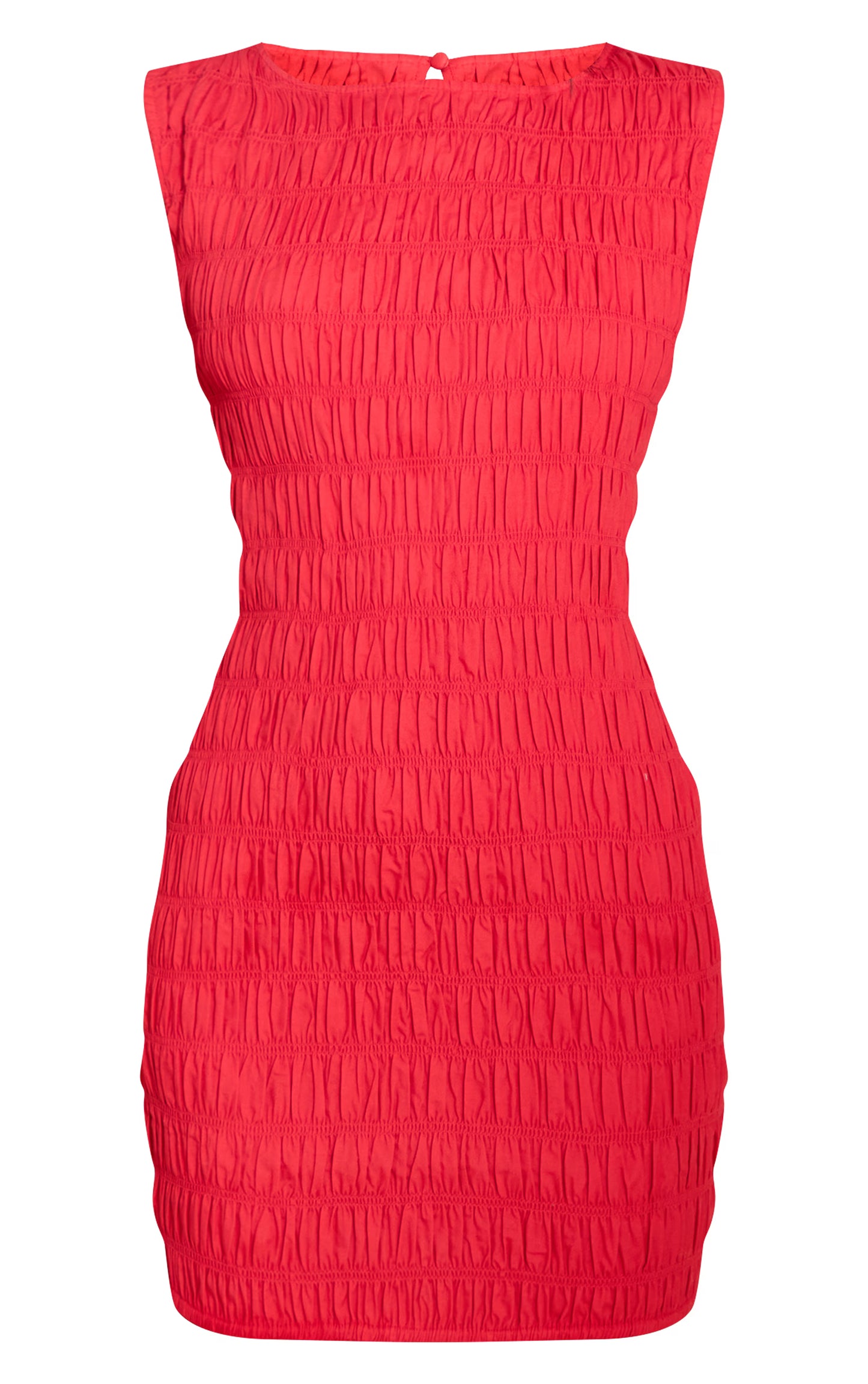 Red Boat Neck Shirred Bodycon Dress