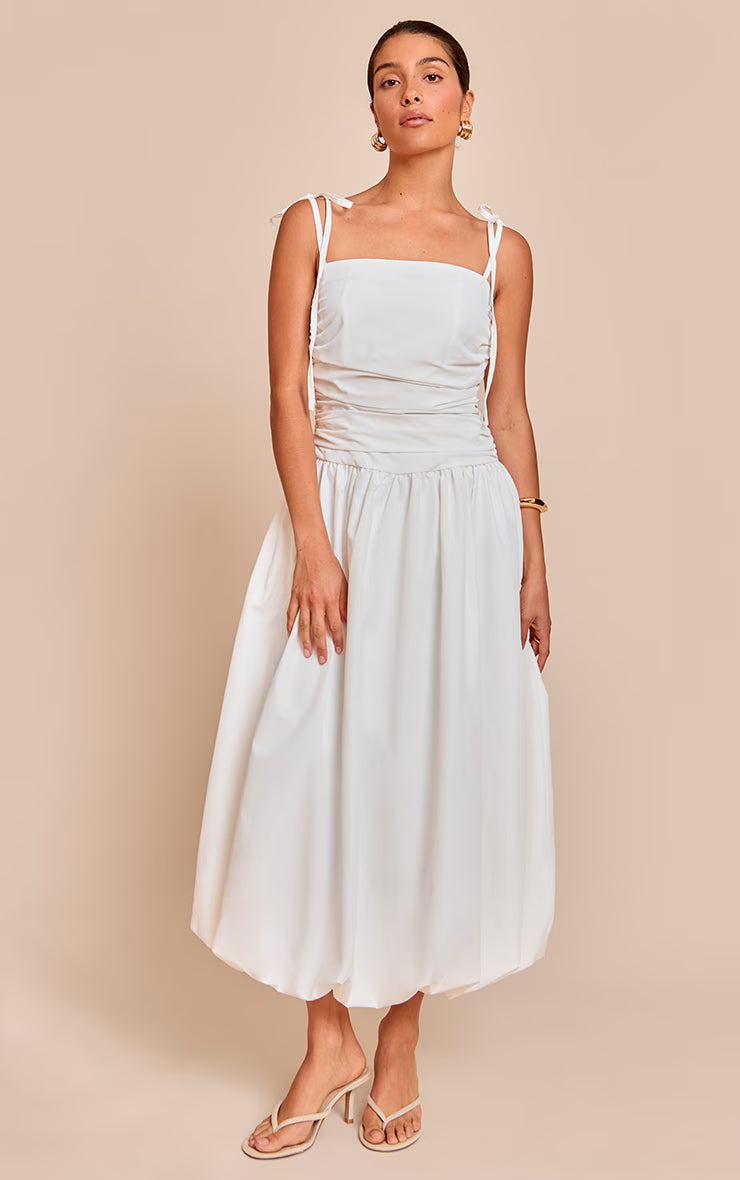 Petite White Spaghetti Strap Puff Midi Dress